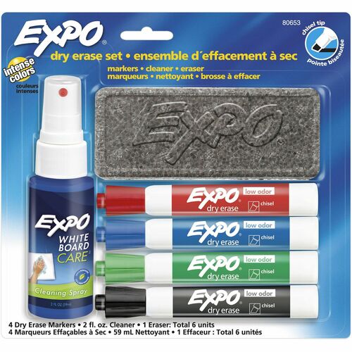 Expo Dry-Erase Marker Kit, Chisel Tip, Low-Odor Ink, Assorted Colors, 4 Chisel Markers, Eraser, Cleaner Spray, for Whiteboard/Glass/Acrylic
