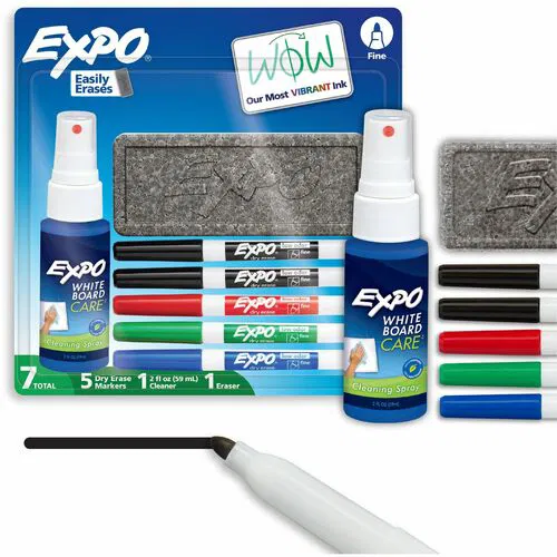 Expo Dry-Erase Marker Kit, Whiteboard, Fine Tip, Low-Odor, Assorted Colors, 5/PK, Eraser and Cleaner Spray