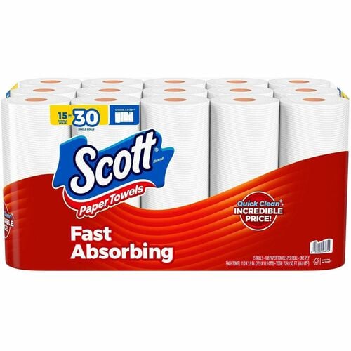 Scott Paper Towels, Kitchen, Choose-A-Sheet, Absorbent Lint-Free, White, 15/PK Double Rolls (30 Regular Rolls)