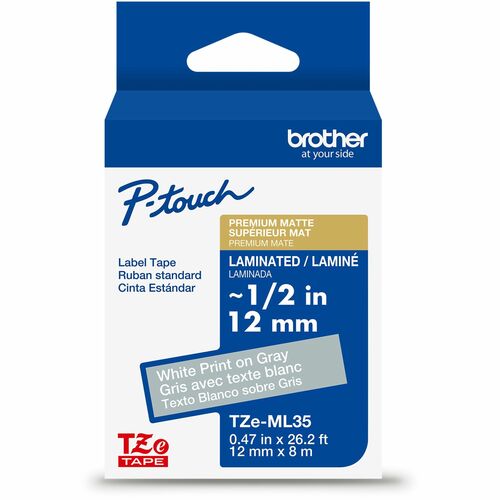 Brother Genuine P-touch TZeML35 WHT on GRY Label Tape, Premium Matte Laminated, 12mmX8m - x 15/32" Width - Matte Gray - Water Resistant - Laminated - Durable, Abrasion Resistant, Chemical Resistant, Grease Resistant, Grime Resistant, Temperature Resistant