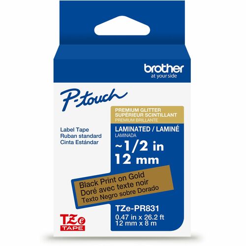 Brother P-touch Tze Label Tape - x 15/32" Width - Glitter Gold - Water Resistant - Laminated - Durable, Abrasion Resistant, Chemical Resistant, Grease Resistant, Grime Resistant, Temperature Resistant, Fade Resistant, Split Backing, Easy Peel, Strong Adhe