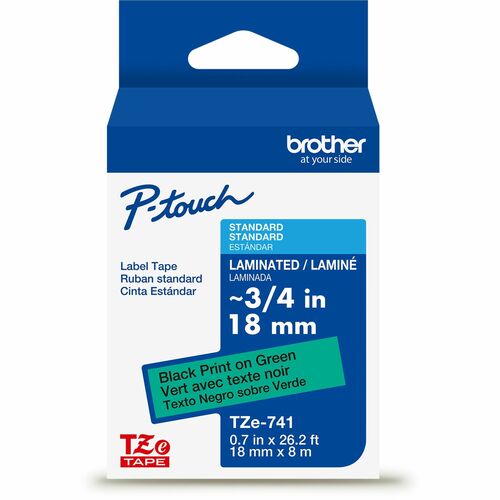 Brother Genuine P-touch TZe741 BK on GRN Label Tape, Laminated, 18mmX8m - x 45/64" Width - Green - Water Resistant - Laminated - Durable, Abrasion Resistant, Chemical Resistant, Grease Resistant, Grime Resistant, Temperature Resistant, Fade Resistant, Spl
