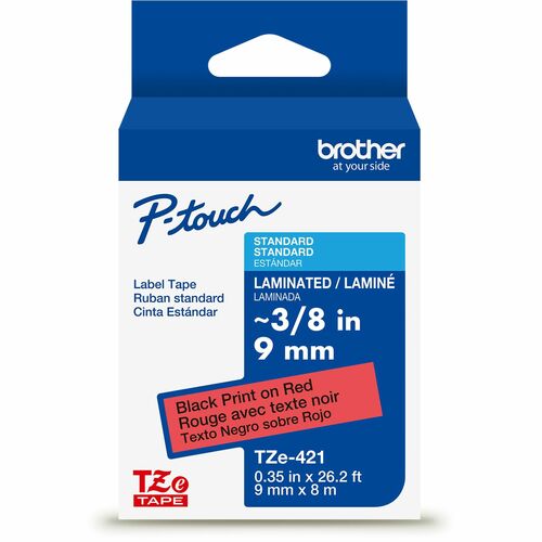 Brother Genuine P-touch TZe421 BK on RD Label Tape, Laminated, 9mmX8m - x 23/64" Width - Red - Water Resistant - Laminated - Durable, Abrasion Resistant, Chemical Resistant, Grease Resistant, Grime Resistant, Temperature Resistant, Fade Resistant, Split B