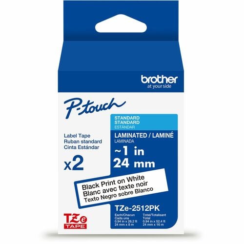 Brother Genuine P-touch TZe2512PK BK on WHT Label Tapes, Laminated, 24mmX8m each - x 15/16" Width - White - Water Resistant - Laminated - Durable, Abrasion Resistant, Chemical Resistant, Grease Resistant, Grime Resistant, Temperature Resistant, Fade Resis