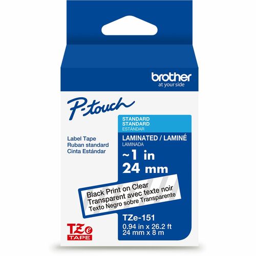 Brother Genuine P-touch TZe151 BK on CLR Label Tape, Laminated, 24mmX8m - x 15/16" Width - Clear - Water Resistant - Laminated - Durable, Abrasion Resistant, Chemical Resistant, Grease Resistant, Grime Resistant, Temperature Resistant, Fade Resistant, Spl