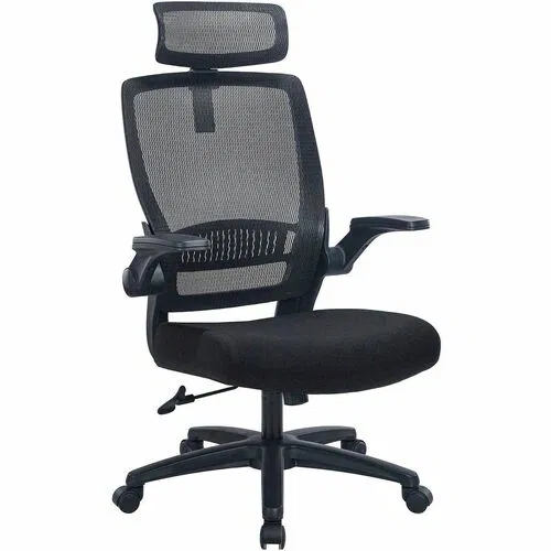 Lorell Lanser Executive Chair, High-Back Mesh, Headrest, Fabric Seat, Flip-Up Padded Arms, 275 lb Capacity, Black