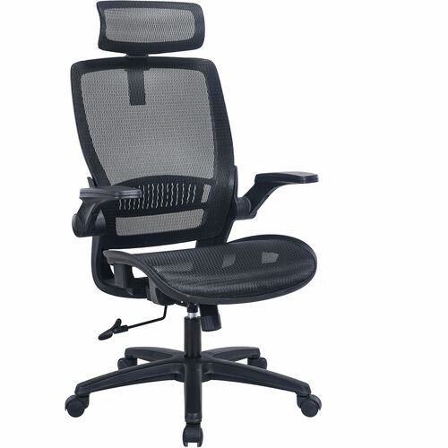Lorell Lanser All-Mesh Chair with Flip-Up Arms - Mesh Seat Material - Mesh Back Material - High Back - 5-star Base - Black - Armrest - 1 Each