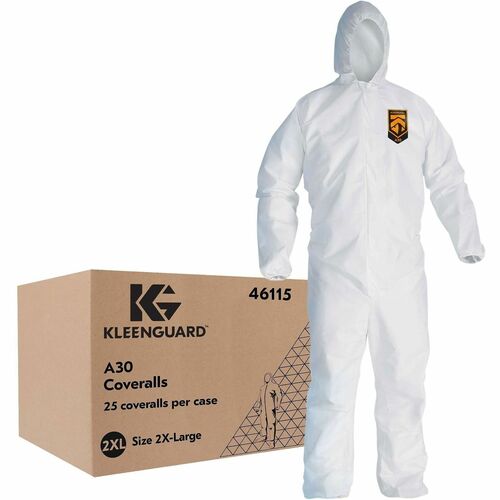 Ansell Kleenguard A30 Protective Coverall, 2X-Large, SMS Fabric, Splash and Dry Particle Protection, Anti-Static, Breathable, White, 25/CT