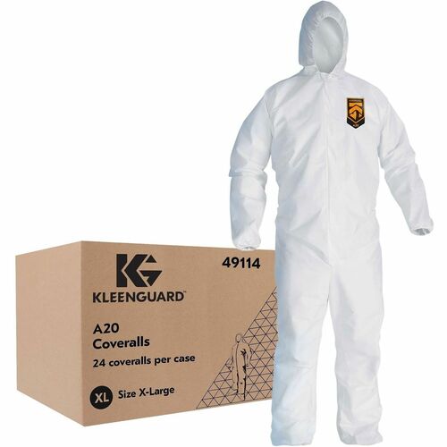 Ansell Kleenguard A20 Protective Coverall, Extra Large, White SMS Fabric, Hooded, Zipper Front, Elastic Wrists and Ankles, Breathable, 24/CT