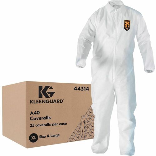 Ansell Protective Coverall, Kleenguard A40, Extra Large, Liquid/Particle Protection, Microporous, Breathable, Hood, Zipper Front, White, 25/CT