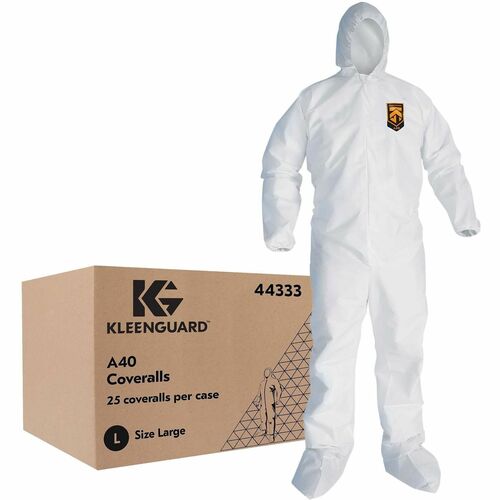 Ansell Kleenguard A40 Protective Coverall, Large, Liquid and Particle Protection, Film Laminate, Hooded, Zipper Front, White, 25/CT
