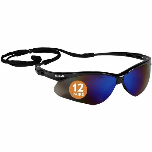 Ansell Nemesis Safety Glasses, Universal, Blue Mirror Polycarbonate Lenses, Black Wraparound Frame, Neck Cord, Ansi Z87.1+