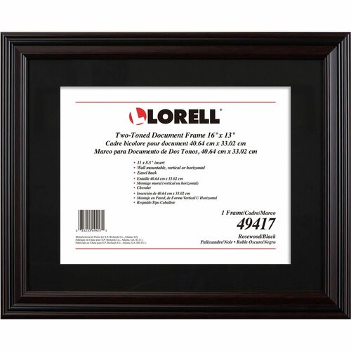 Lorell Two-toned Certificate Frame - 16" x 13" Frame Size - Desktop, Wall Mountable - Vertical, Horizontal - Black - 1 Each