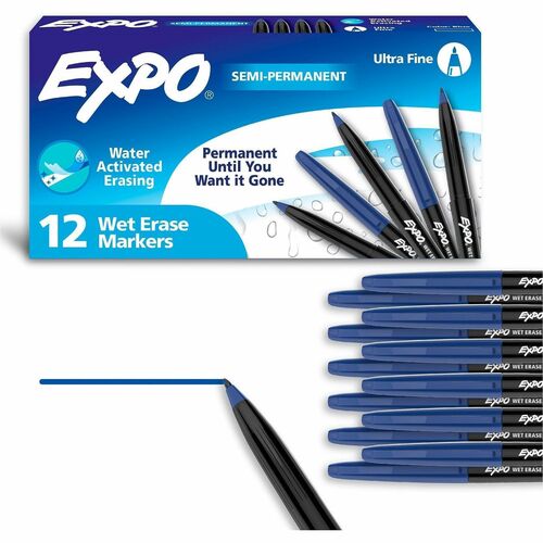 Expo Wet-Erase Markers, Vis-A-Vis, Ultra Fine Tip, Blue Ink, 12/PK