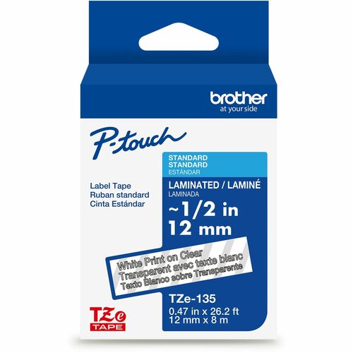 Brother Genuine P-touch TZe135 WHT on CLR Label Tape, Laminated, 12mmX8m - x 15/32" Width - Clear - Water Resistant - Laminated - Durable, Abrasion Resistant, Chemical Resistant, Grease Resistant, Grime Resistant, Temperature Resistant, Fade Resistant, Sp