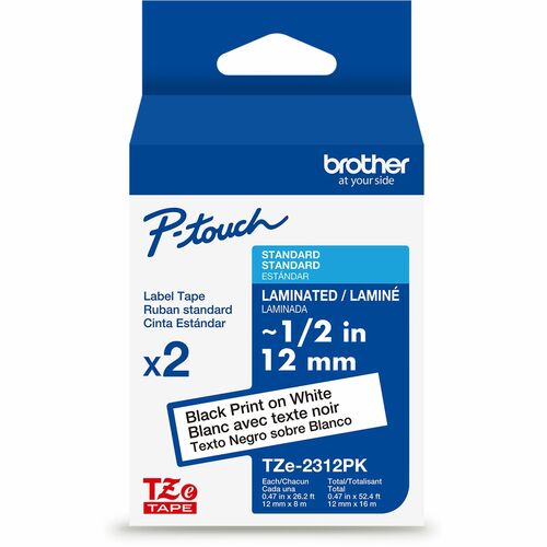 Brother Genuine P-touch TZe2312PK BK on WHT Label Tapes, Laminated, 12mmX8m each - x 15/32" Width - White - Water Resistant - Laminated - Durable, Abrasion Resistant, Chemical Resistant, Grease Resistant, Grime Resistant, Temperature Resistant, Fade Resis