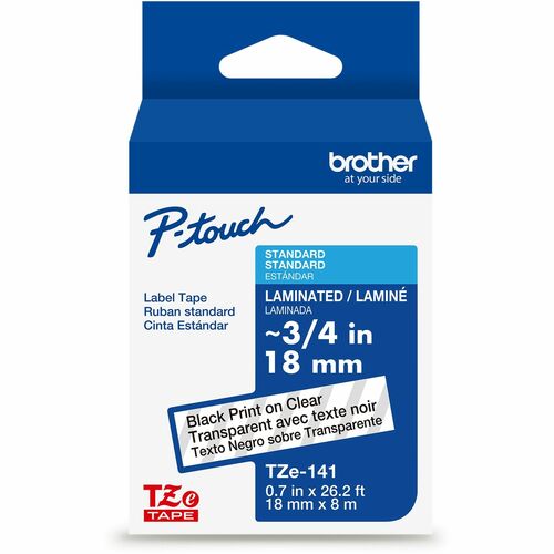 Brother Genuine P-touch TZe141 BK on CLR Label Tape, Laminated, 18mmX8m - x 45/64" Width - Clear - Water Resistant - Laminated - Durable, Abrasion Resistant, Chemical Resistant, Grease Resistant, Grime Resistant, Temperature Resistant, Fade Resistant, Spl