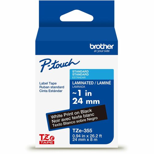 Brother Genuine P-touch TZe355 WHT on BK Label Tape, Laminated, 24mmX8m - x 15/16" Width - Black - Water Resistant - Laminated - Durable, Abrasion Resistant, Chemical Resistant, Grease Resistant, Grime Resistant, Temperature Resistant, Fade Resistant, Spl