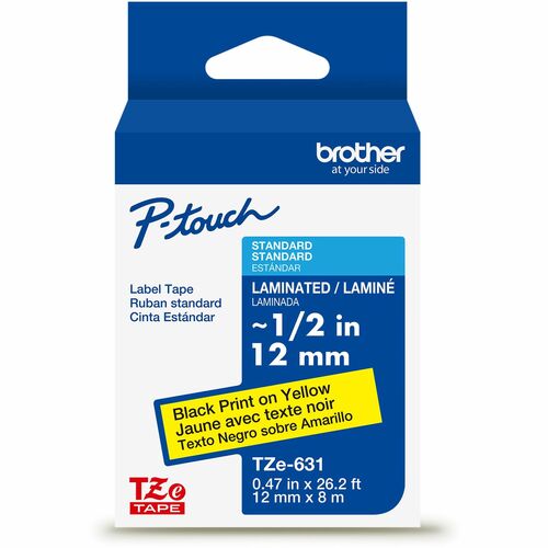 Brother Genuine P-touch TZeS631 BK on YL Label Tape, Strong Adhesive Lam., 12mmX8m - x 15/32" Width - Yellow - Water Resistant - Laminated - Durable, Abrasion Resistant, Chemical Resistant, Grease Resistant, Grime Resistant, Temperature Resistant, Fade Re