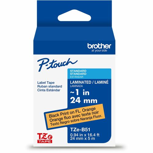Brother Genuine P-touch TZeB51 BK on FLUOR ORG Label Tape, Laminated, 24mmX5m - x 15/16" Width - Fluorescent Orange - Polyethylene Terephthalate (PET) - Water Resistant - Laminated - Durable, Abrasion Resistant, Chemical Resistant, Grease Resistant, Grime