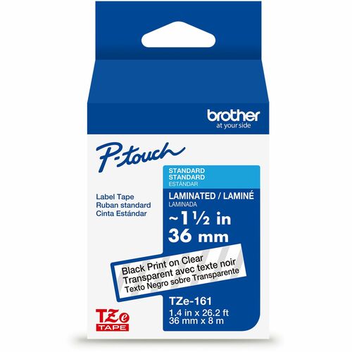 Brother Genuine P-touch TZe161 BK on CLR Label Tape, Laminated, 36mmX8m - x 1 27/64" Width - Clear - Water Resistant - Laminated - Durable, Abrasion Resistant, Chemical Resistant, Grease Resistant, Grime Resistant, Temperature Resistant, Fade Resistant, S