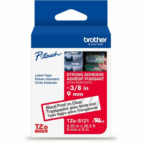 Brother Genuine P-touch TZeS121 BK on CLR Label Tape, Strong Adhesive Lam., 9mmX8m - x 23/64" Width - Clear - Polyethylene Terephthalate (PET) - Water Resistant - Laminated - Durable, Abrasion Resistant, Chemical Resistant, Grease Resistant, Grime Resista