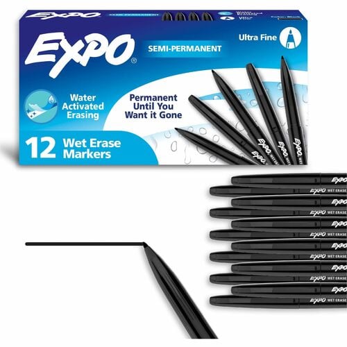 Expo Wet Erase Marker, Vis-A-Vis, Ultra Fine Tip, Black Ink, 12/PK