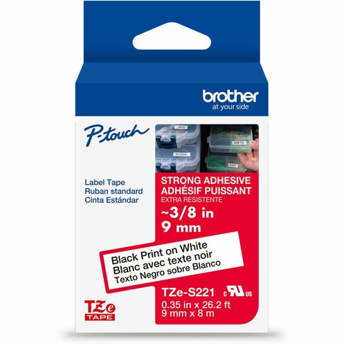 Brother Genuine P-touch TZeS221 BK on WHT Label Tape, Strong Adhesive Lam., 9mmX8m - x 23/64" Width - White - Water Resistant - Laminated - Durable, Abrasion Resistant, Chemical Resistant, Grease Resistant, Grime Resistant, Temperature Resistant, Fade Res