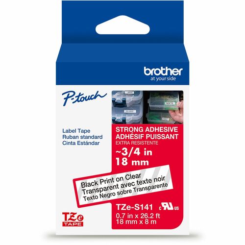 Brother Genuine P-touch TZeS141 BK on CLR Label Tape, Strong Adhesive Lam., 18mmX8m - x 45/64" Width - Clear - Water Resistant - Laminated - Durable, Abrasion Resistant, Chemical Resistant, Grease Resistant, Grime Resistant, Temperature Resistant, Fade Re