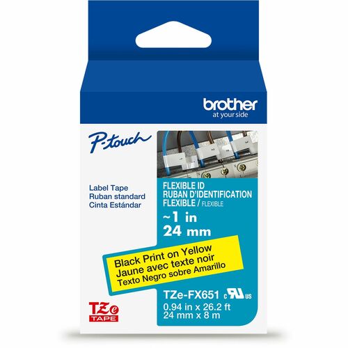 Brother Genuine P-touch TZeFX651 BK on YL Label Tape, Flexible ID Laminated, 24mmX8m - x 15/16" Width - Yellow - Water Resistant - Laminated - Durable, Abrasion Resistant, Chemical Resistant, Grease Resistant, Grime Resistant, Temperature Resistant, Fade