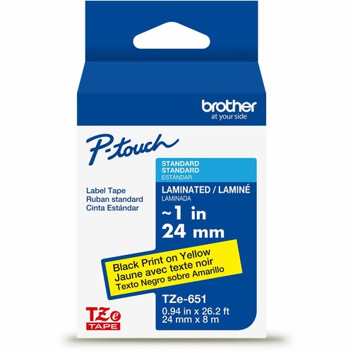 Brother Genuine P-touch TZe651 BK on YL Label Tape, Laminated, 24mmX8m - x 15/16" Width - Yellow - Water Resistant - Laminated - Durable, Abrasion Resistant, Chemical Resistant, Grease Resistant, Grime Resistant, Temperature Resistant, Fade Resistant, Spl