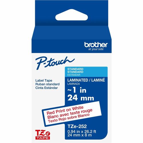 Brother Genuine P-touch TZe252 RD on WHT Label Tape, Laminated, 24mmX8m - x 15/16" Width - White - Polyethylene Terephthalate (PET) - Water Resistant - Laminated - Durable, Abrasion Resistant, Chemical Resistant, Grease Resistant, Grime Resistant, Tempera