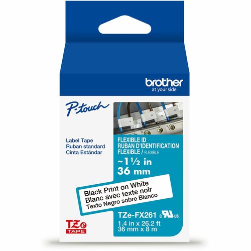 Brother Genuine P-touch TZeFX261 BK on WHT Label Tape, Flexible ID Laminated, 36mmX8m - x 1 27/64" Width - White - Polyester - Water Resistant - Laminated - Durable, Abrasion Resistant, Chemical Resistant, Grease Resistant, Grime Resistant, Temperature Re