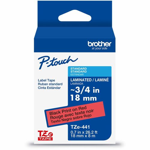 Brother Genuine P-touch TZe441 BK on RD Label Tape, Laminated, 18mmX8m - x 45/64" Width - Red - Water Resistant - Laminated - Durable, Abrasion Resistant, Chemical Resistant, Grease Resistant, Grime Resistant, Temperature Resistant, Fade Resistant, Split 