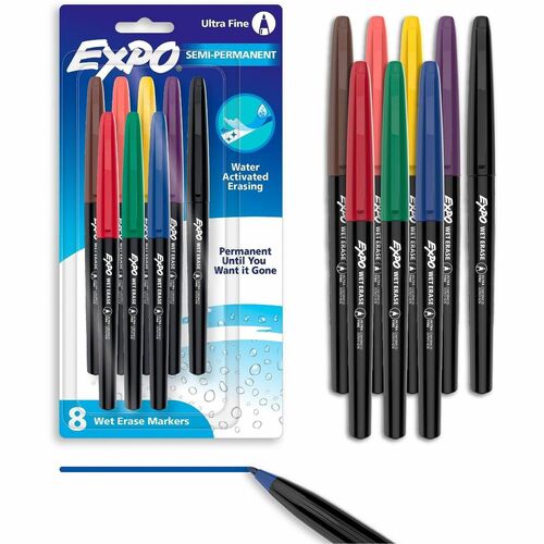 Expo Wet-Erase Markers, Vis-A-Vis, Ultra-Fine Tip, Assorted Ink, 8/PK