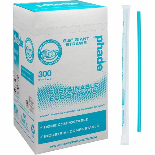 Phade Compostable Straws, 8.5", Caribbean Blue, PHA, BPI-Certified, 300/Box