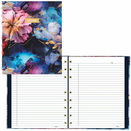 Blueline NotePro Notebook, 192 Pages, 9.25" x 7.25", Ruled Margin, Hard Cover, Gold Twin-Wirebound, Midnight Floral