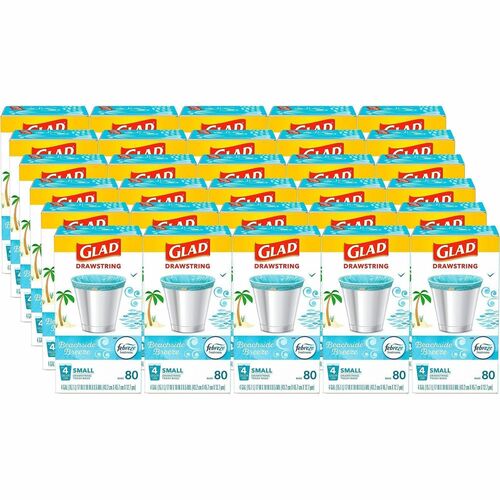 Glad Trash Bags, OdorShield Drawstring, Small 4 gal, 17" x 18", 0.5 mil, Beachside Breeze Scent, White, 80/PK