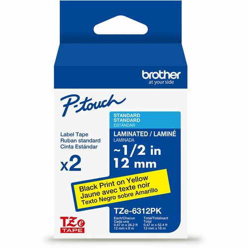 Brother P-touch TZe Laminated Label Tape - - DiameterTape - Yellow - Laminated - Easy to Read, Temperature Resistant, Customizable, Long Lasting, Peeling Resistant, Fade Resistant - 26.20 ft Roll Length - 2 / Pack