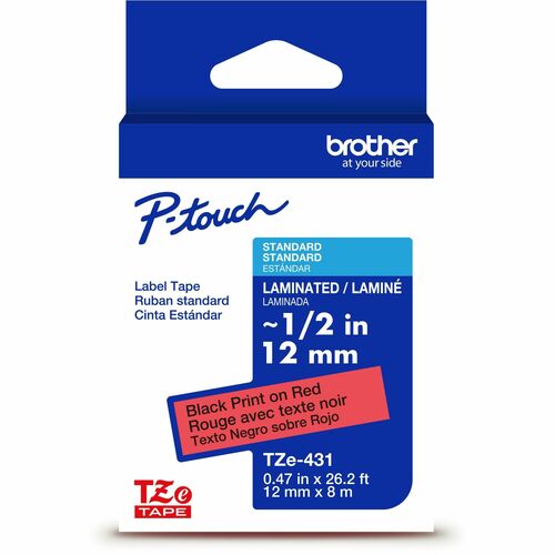 Brother P-touch TZe Laminated Label Tape - - DiameterTape - Red - Laminated - Easy to Read, Temperature Resistant, Customizable, Long Lasting, Peeling Resistant, Fade Resistant - 26.20 ft Roll Length - 1 Each