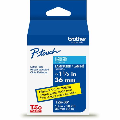 Brother P-touch TZe Laminated Label Tape - - DiameterTape - Yellow - Laminated - Easy to Read, Temperature Resistant, Customizable, Long Lasting, Peeling Resistant, Fade Resistant - 26.20 ft Roll Length - 1 Each