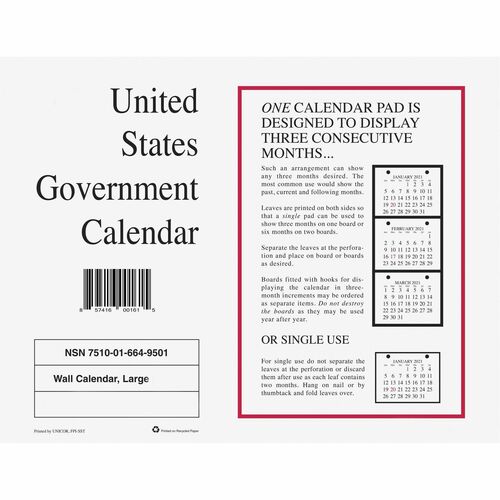 Unicor Monthly Wall Calendar - Monthly - 2026 to 2026 - Letter - 8 1/2" x 11" Sheet Size - Wall Mount - White - Project Planner, Perforated, Removable, Punched, Three Month Calendar, Printed, Holiday Listing, Foldable - 10 / Pack