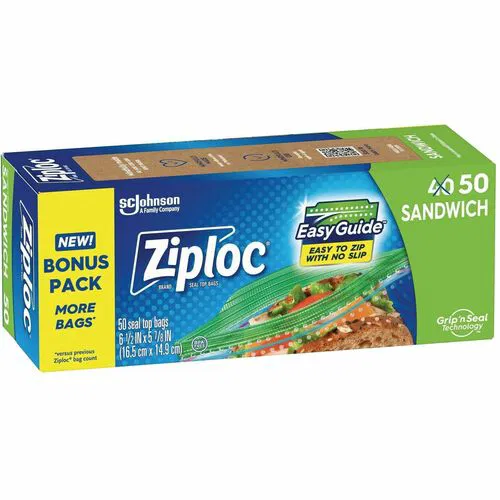 Ziploc Freezer Bags, Grip N Seal, 6.5" x 5.88", Textured Grip Seal Closure, Plastic, Sandwich, 50/Box, 12/CT