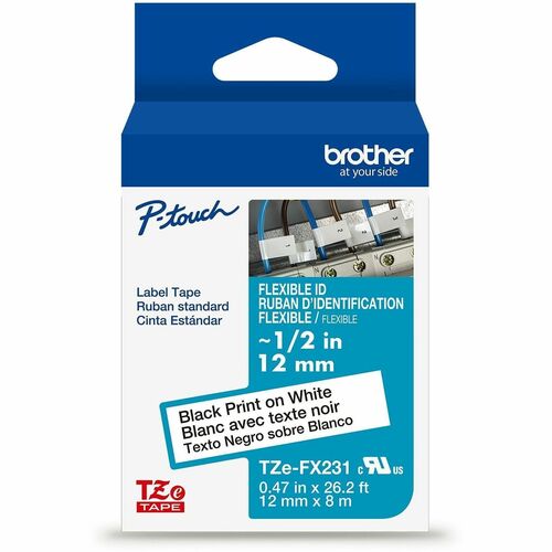 Brother Genuine P-touch TZeFX231 BK on WHT Label Tape, Flexible ID Laminated, 12mmX8m - x 15/32" Width - White - Polyester - Water Resistant - Laminated - Durable, Abrasion Resistant, Chemical Resistant, Grease Resistant, Grime Resistant, Temperature Resi