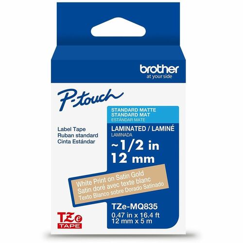 Brother Genuine P-touch TZeMQ835 WHT on SATIN GLD Label Tape, Laminated, 12mmX5m - x 15/32" Width - Satin Gold - Water Resistant - Laminated - Durable, Abrasion Resistant, Chemical Resistant, Grease Resistant, Grime Resistant, Temperature Resistant, Fade 