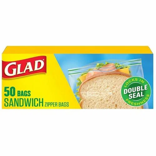 Glad Food Storage Zipper Bags - Sandwich Size - 5.87" Length x 6.62" Width - Zipper, Seal Closure - Yellow - Plastic - Food, Storage, Packaging, Home, Office, Marinating, Sandwich, Snack - 50 Bags/Box - 12 / Carton