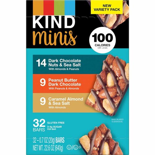 Green Rabbit KIND Minis Variety Pack - Individually Wrapped - Dark Chocolate Nuts & Sea Salt, Caramel Almond and Sea Salt, Peanut Butter Dark Chocolate - 0.70 oz - 32 / Carton