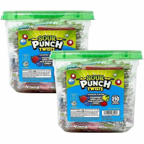 Green Rabbit Sour Punch Twists Candy, Individually Wrapped, Assorted Fruit Flavors, 210-Count Tub, 2/CT