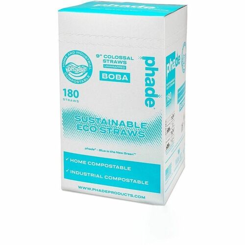 Phade Compostable Straws, 9" H, Polyhydroxyalkanoate (PHA), Caribbean Blue, 180/Box