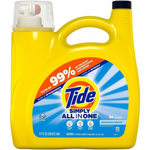 Tide Simply All-in-1 Detergent - For Laundry, Fabric, Washing Machine - Liquid - 117 fl oz (3.7 quart) - Refreshing Breeze Scent - 89 Loads - Recommended For: Odor Remover, Stain Remover, Dirt Remover - Yellow - 4 / Pack